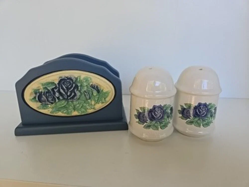 Salt And Pepper Shaker Napkin Holder Set - Blue Rose - RARE